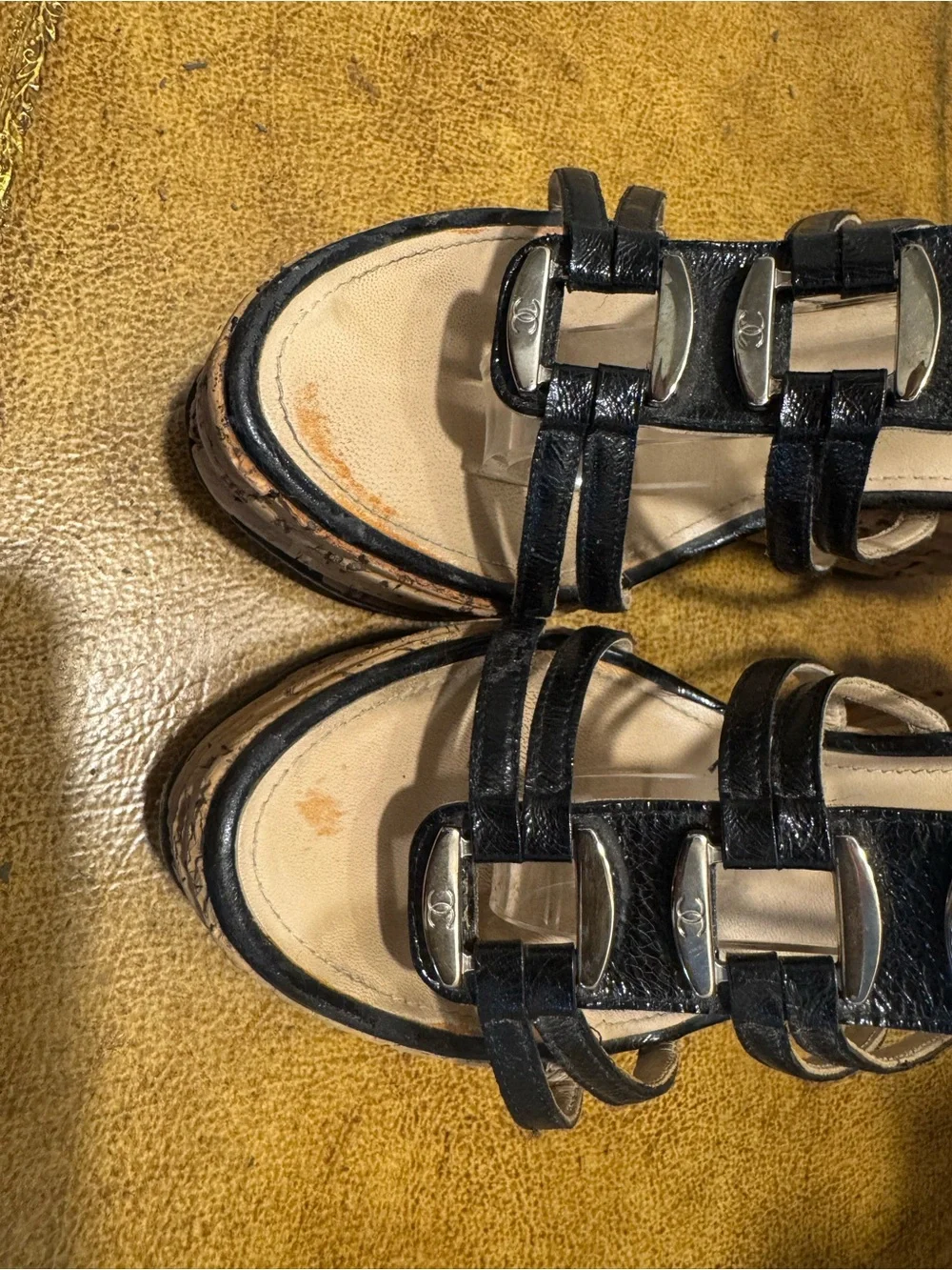 CHANEL Black Leather Strappy Cork Wedge Sandals Retail $1200